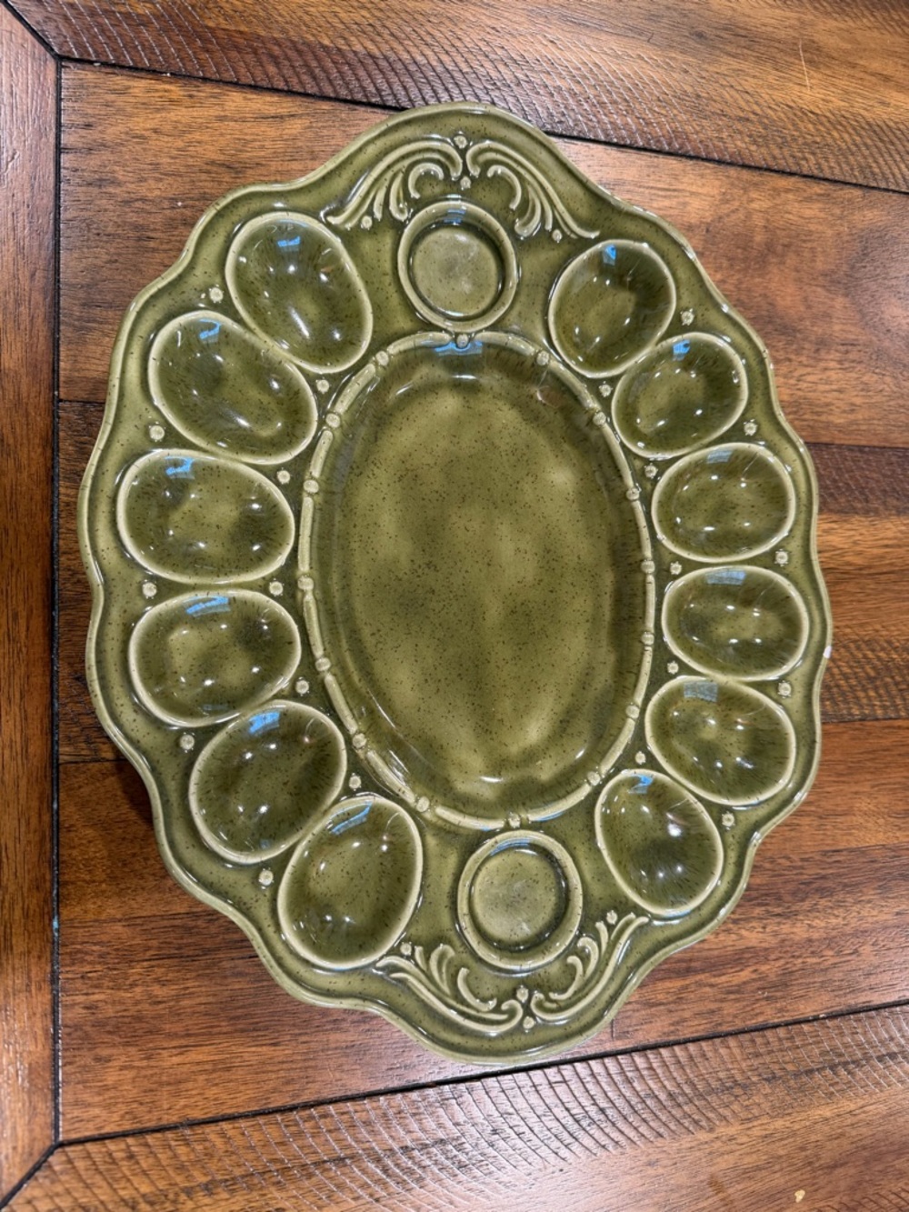 Vintage Olive Green Studio Pottery Egg Tray one of a kind signed dated